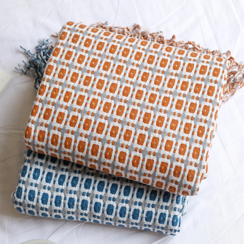 Boho Throw Blanket Fringe - Manta Decorativa Jacquard com Padrão Geométrico,