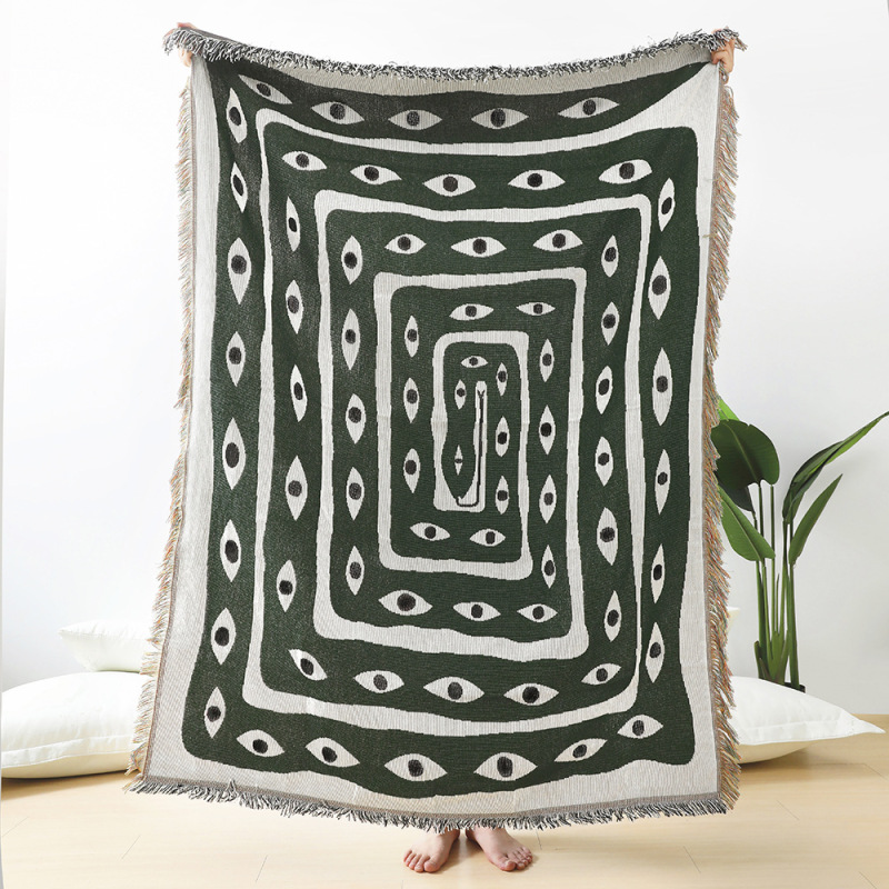 Boho Throw Blanket Fringe - Manta Jacquard Olho Grego Verde e